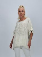 Bluză din in cu mânecă 3/4 și floare aplicată - imagine 5