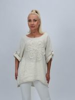Bluză din in cu mânecă 3/4 și floare aplicată - imagine 6