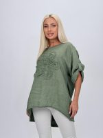 Bluză din in cu mânecă 3/4 și floare aplicată - imagine 13