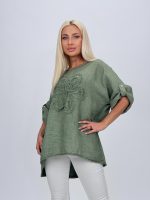 Bluză din in cu mânecă 3/4 și floare aplicată - imagine 14