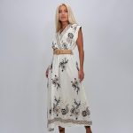 Rochie lungă cu broderie bleumarin și curea