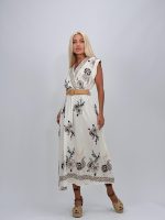 Rochie lungă cu broderie bleumarin și curea