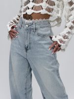 Jeans | Blug wide leg cu broderie și ștrasuri - imagine 4