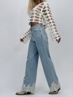 Jeans | Blug wide leg cu dantelă albă - imagine 5