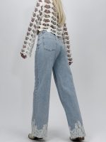 Jeans | Blug wide leg cu dantelă albă - imagine 6