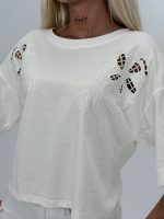 Tricou crop cu broderie - imagine 3