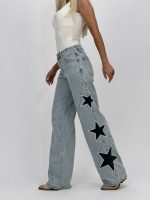 Jeans | Blug wide leg cu stele brodate - imagine 4