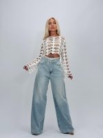 Jeans | Blug wide leg cu broderie și ștrasuri - imagine 2