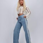 Jeans | Blug wide leg cu dantelă pe lateral