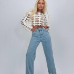 Jeans | Blug wide leg cu dantelă albă