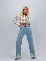 Jeans | Blug wide leg cu dantelă albă