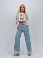 Jeans | Blug wide leg cu dantelă albă - imagine 2
