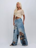 Jeans | Blug Wide leg imprimat cu model urs - imagine 3