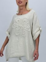 Bluză din in cu mânecă 3/4 și floare aplicată - imagine 7