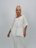 Bluză din in cu mânecă 3/4 și floare aplicată