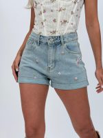 Jeans | Blug scurt cu ștrasuri și broderie florală - imagine 2