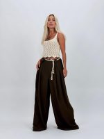 Pantalon larg cu pense și cordon în talie - imagine 38