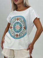Tricou din bumbac cu imprimeu albastru și strasuri - imagine 2