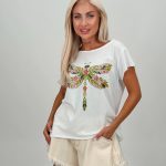 Tricou din bumbac cu imprimeu libelulă și strasuri