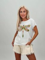 Tricou din bumbac cu imprimeu libelulă și strasuri