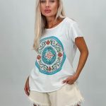 Tricou din bumbac cu imprimeu albastru și strasuri