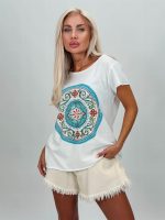 Tricou din bumbac cu imprimeu albastru și strasuri