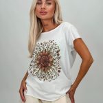 Tricou din bumbac cu imprimeu cărămiziu și ștrasuri