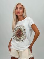 Tricou din bumbac cu imprimeu cărămiziu și ștrasuri