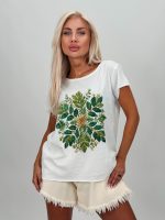 Tricou din bumbac cu imprimeu flori și ștrasuri