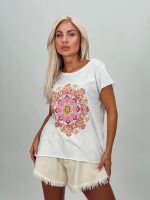 Tricou din bumbac cu imprimeu roz și ștrasuri
