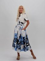 Rochie midi cu imprimeu albastru și cordon în talie - imagine 2