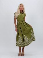 Rochie midi cu broderie și cordon în talie - imagine 2