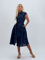 Rochie midi cu broderie și cordon în talie - imagine 5