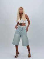 Jeans | Blug wide leg 3/4 cu broderie și ștrasuri - imagine 2