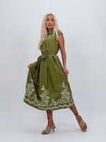 Rochie midi cu broderie și cordon în talie