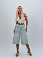 Jeans | Blug wide leg 3/4 cu broderie și ștrasuri