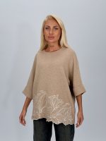 Pulover din tricot cu mânecă 3/4 și broderie aplicată