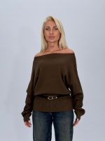 Pulover cambrat cu decolteu bărcuța și curea - imagine 13