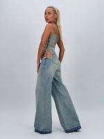 Jeans | Blug wide leg decupat accesorizat cu ștrasuri - imagine 10