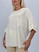 Pulover din tricot cu mânecă 3/4 și flori aplicate - imagine 2