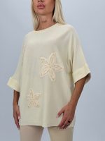 Pulover din tricot cu mânecă 3/4 și flori aplicate - imagine 5