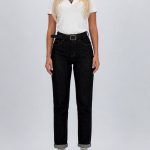 Jeans | Blug mom fit negru cu curea