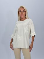 Pulover din tricot cu mânecă 3/4 și flori aplicate