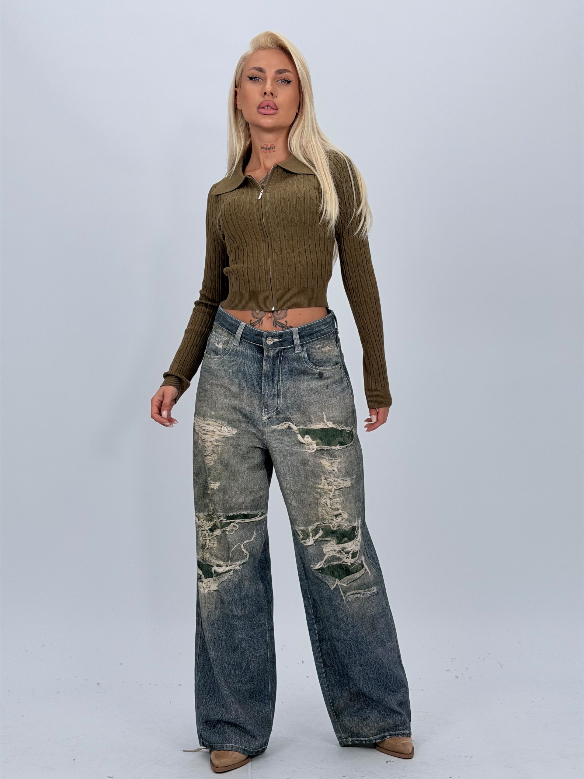 47871aad-7c73-43c2-b52e-cd7c40911fee Jeans | Blug wide leg nisipiu imprimat rupturi - imagine 1