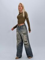 Jeans | Blug wide leg nisipiu imprimat rupturi - imagine 2