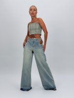 Jeans | Blug wide leg decupat accesorizat cu ștrasuri - imagine 8