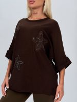 Pulover din tricot cu mânecă 3/4 și flori aplicate - imagine 8