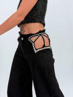 Jeans | Blug wide leg decupat accesorizat cu ștrasuri - imagine 6