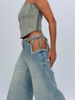 Jeans | Blug wide leg decupat accesorizat cu ștrasuri - imagine 12
