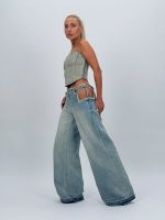Jeans | Blug wide leg decupat accesorizat cu ștrasuri - imagine 9